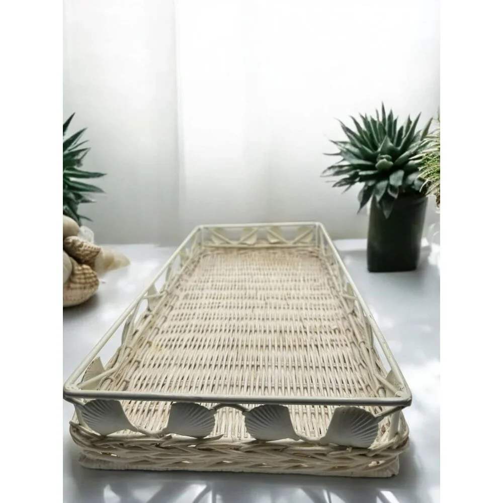 Vintage Coastal Rattan & Metal Tray - Shells